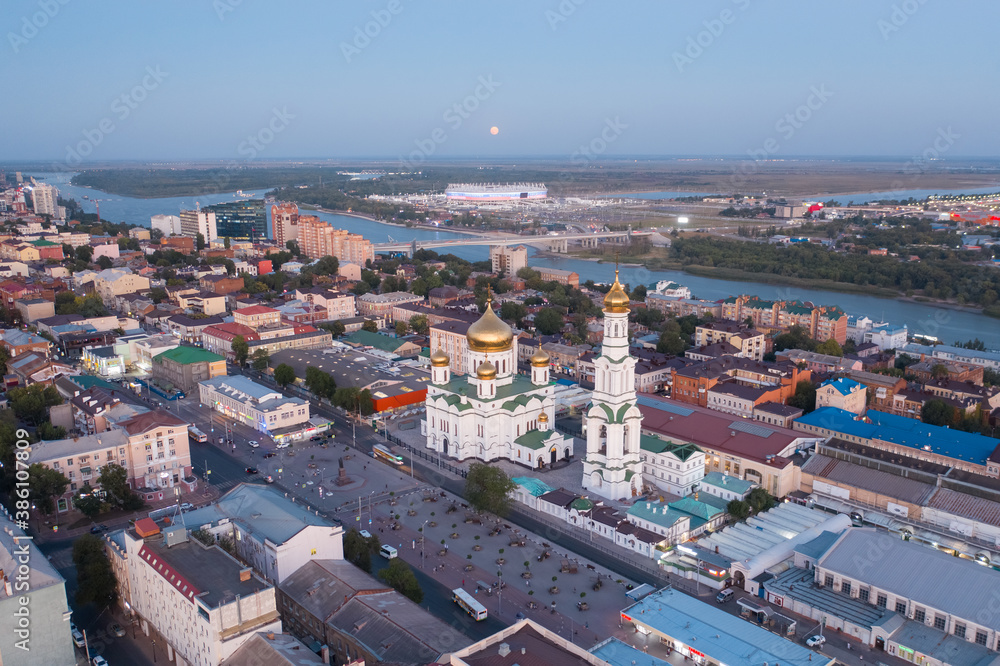 ROSTOV-ON-DON, RUSSIA - SEPTEMBER 2020: Panoramic view of the central part of Rostov-on-Don. Central Market, Cathedral of the Nativity of the Blessed Virgin, drone aerial view.
