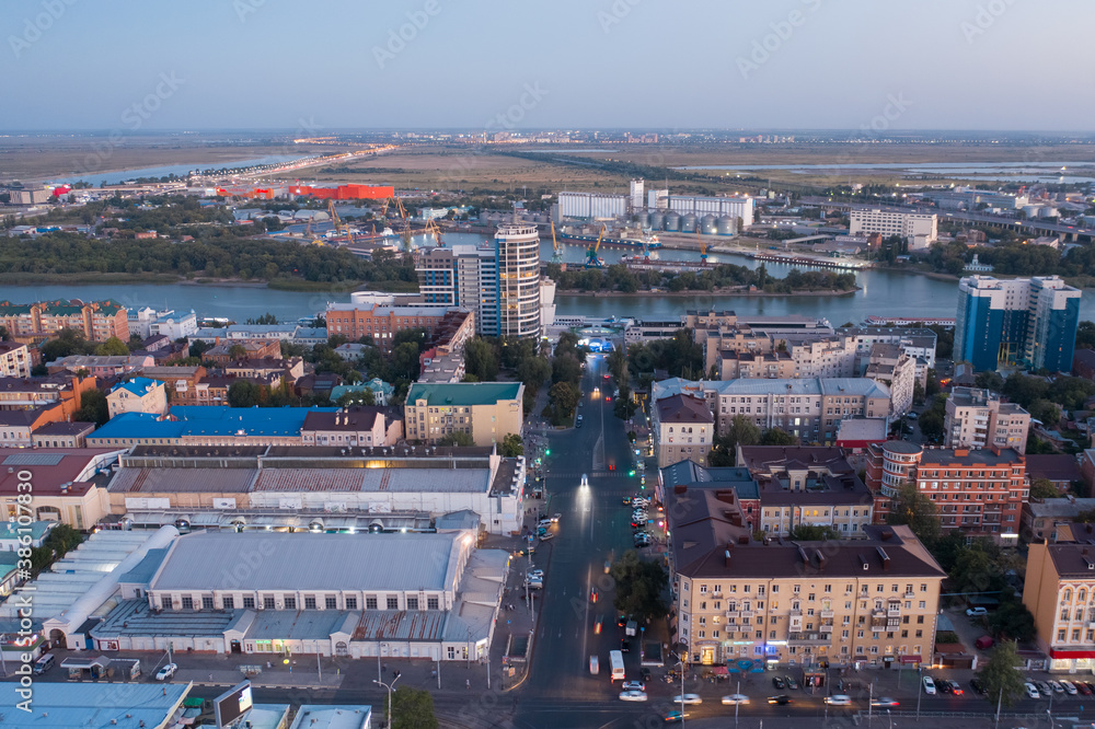 ROSTOV-ON-DON, RUSSIA - SEPTEMBER 2020: Budenovskiy prospect towards the Don river, central market, river station, aerial view