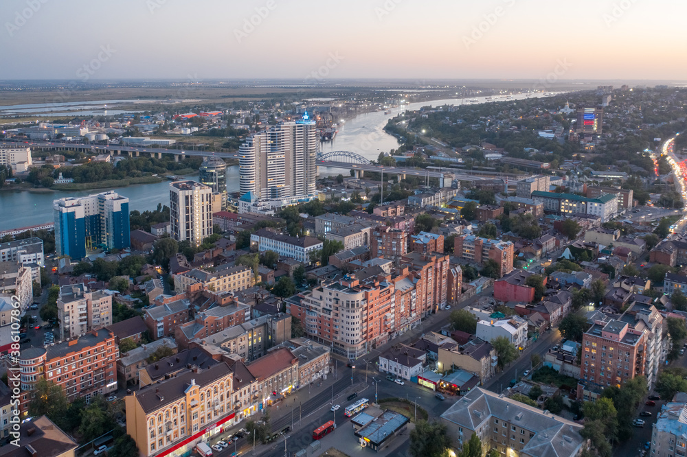 ROSTOV-ON-DON, RUSSIA - SEPTEMBER 2020: Evening panorama of Rostov-on-Don, view of the Don River and the central part of the city. Aerial view