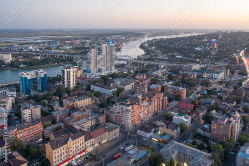 ROSTOV-ON-DON  RUSSIA - SEPTEMBER 2020  Evening panorama of Rostov-on-Don  view of the Don River and the central part of the city. Aerial view