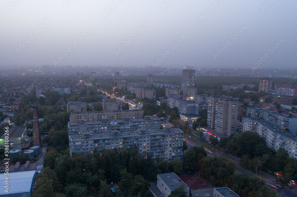 aerial view, smoke over evening Rostov on Don, problems of ecology, dirty air
