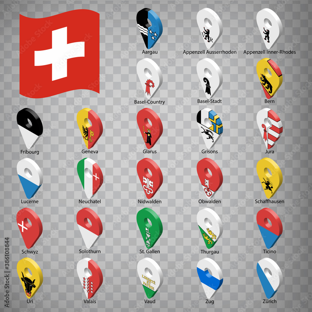 Twenty six flags the Provinces of Switzerland alphabetical order with