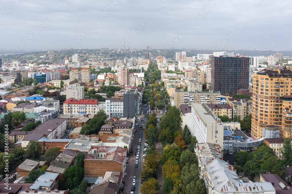 Aerial view from drone, Pushkinskaya street, the main pedestrian street of the city