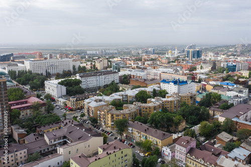 Aerial view from drone, panorama of Rostov on Don, residential areas in the city center