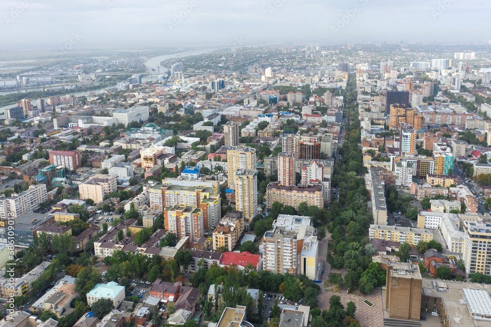 Aerial view from drone, panorama of Rostov on Don, a view from a great height to the city center
