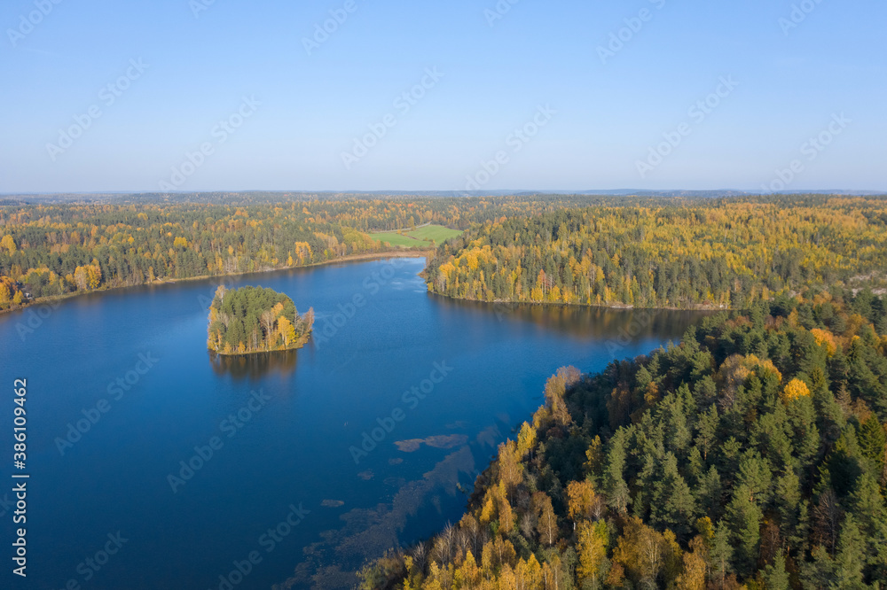 Panorama of Karelia on a Sunny day. View of Karelia from a height. nature of Russia. lake Ladoga. Islands in lake Ladoga. Trip to Russia.
