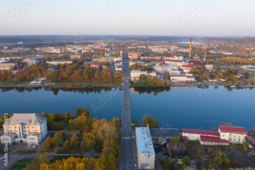 Center of Sortavala, a city on the border with Finland, a tourist destination in Karelia. Ladoga lake. Top view frome drone. © Stanislav Samoylik