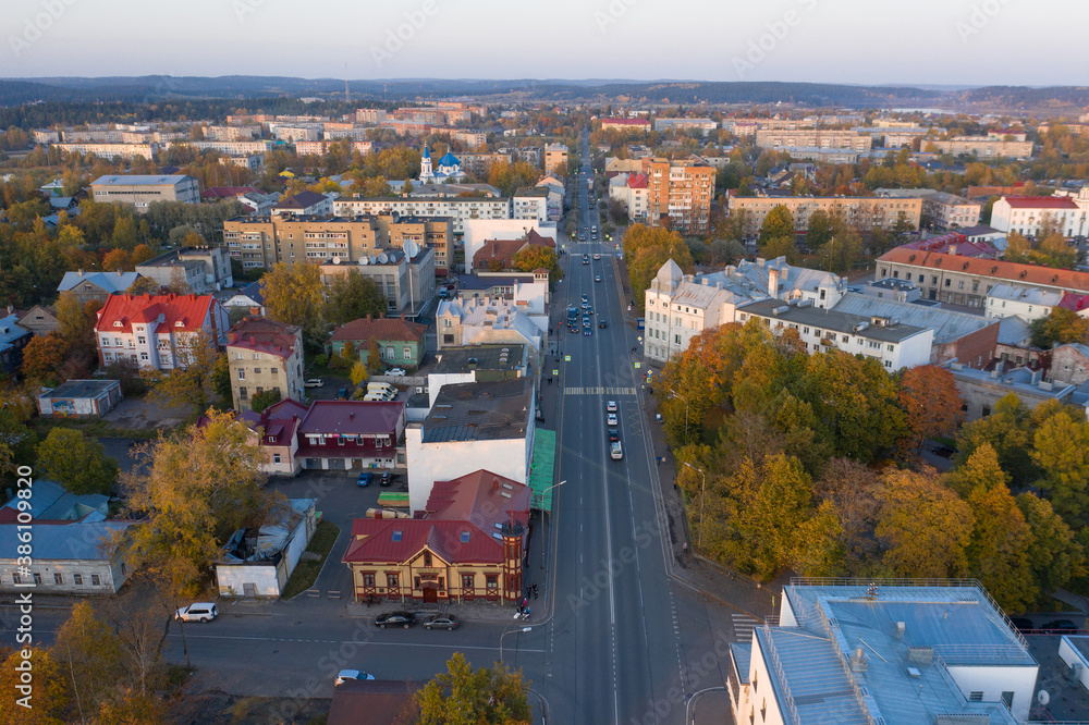 Scenic aerial view of small ancient touristic town Sortavala near Ladoga lake in Karelia. Popular historic city on the North of Russian Federation