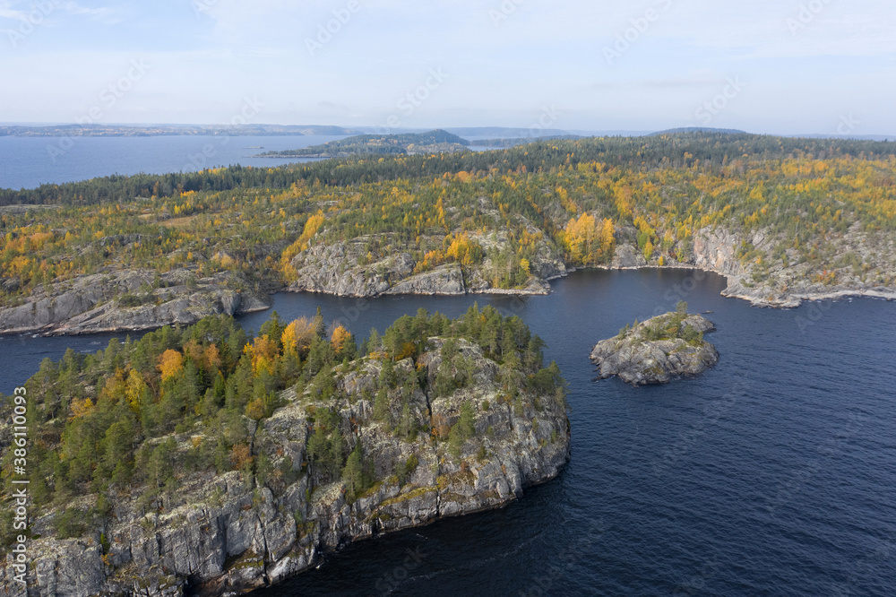 Panorama of Karelia on a Sunny day. View of Karelia from a height. nature of Russia. lake Ladoga. Islands in lake Ladoga. Trip to Russia.