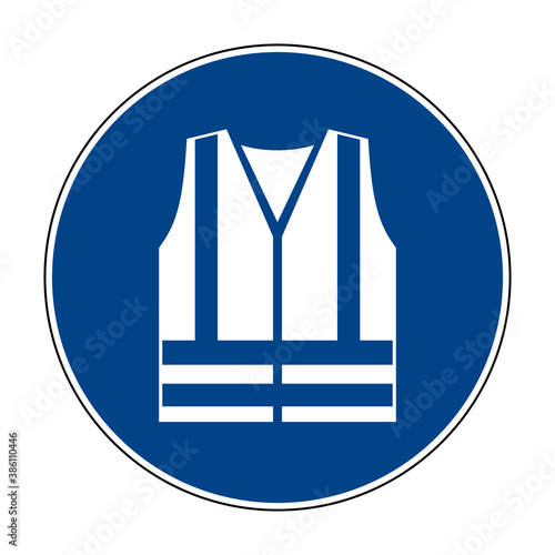 Wear high visibility clothing sign. Vector illustration of circular blue sign with sleeveless jacket with two vertical and two horizontal lines inside. Be visible symbol isolated on white background.