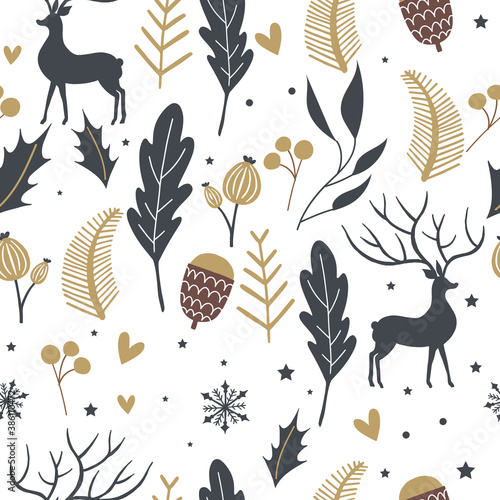Cute seamless pattern with snow,deer,leaf,holly for Christmas holiday