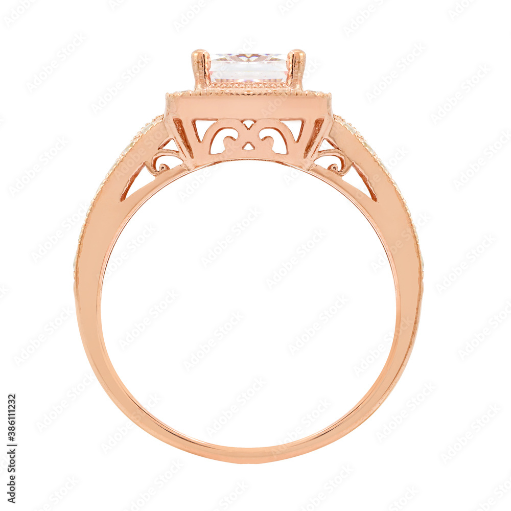 Rose gold Princess-cut Halo Diamond Engagement Ring Set isolated Rose gold Princess-cut Halo Diamond Engagement Ring Set isolated