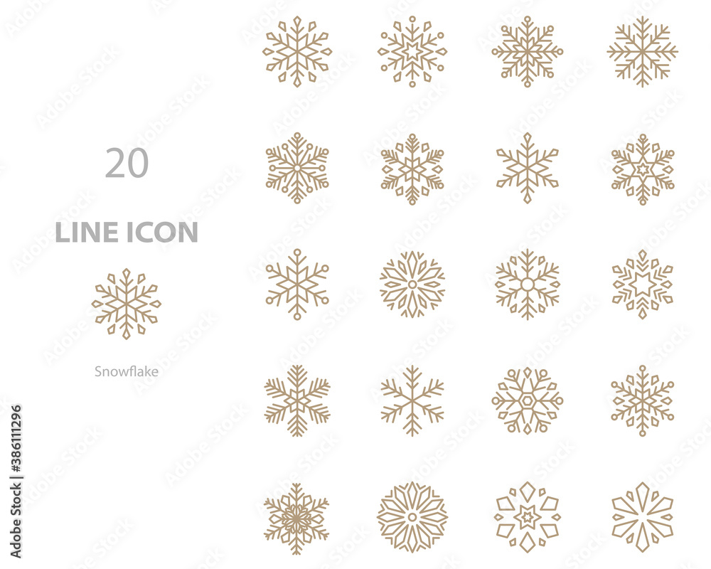 set of snowflake thin line icons, gold snow, winter, christmas set of snowflake thin line icons, gold snow, winter, christmas