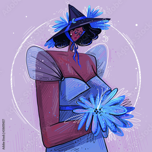 vector illustration, stylization. Girl model in a retro dress in the costume of a sorceress or witch. Elegant dress of the middle ages, hat with brim and bows