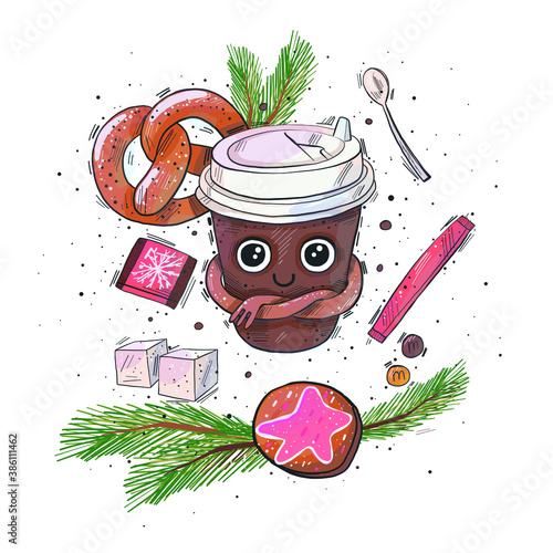 vector illustration, hand drawing. Christmas card for restaurants and coffee shops, new Year's Cup of coffee with sweets.