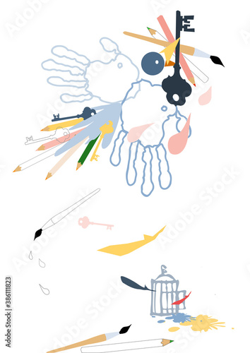 A bird symbolizing creativity escaping from a bird-cage, to encourage people to set their own creativity free.