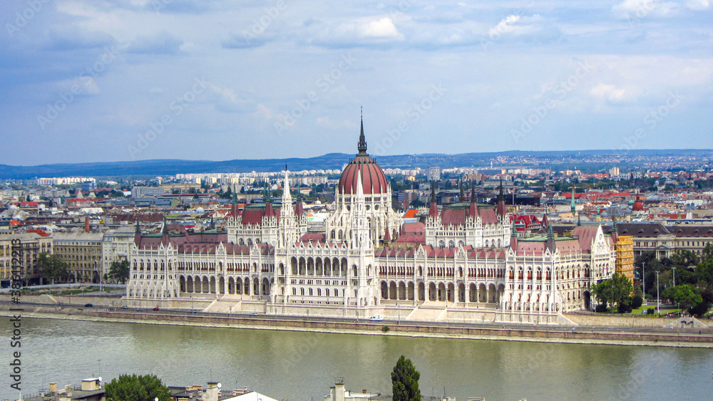 Aerial of the Hungarian Parliament Building in Budapest with the Danube river and the baroque facade. Popular tourist destination and a world heritage site.