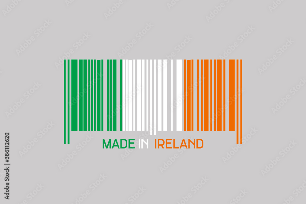 Made in Ireland. Barcode in the form of the flag of Ireland. Isolated on a gray background. Business. Made in Ireland. Barcode in the form of the flag of Ireland. Isolated on a gray background. Business.