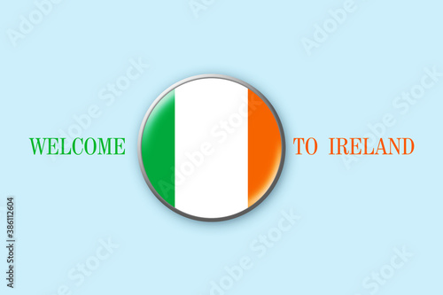 Round badge with flag Of Ireland on a blue background. 3D illustration. Welcome to Ireland. Travel. Business. Free Download Round badge with flag Of Ireland on a blue background. 3D illustration. Welcome to Ireland. Travel. Business. - GFXLoad
