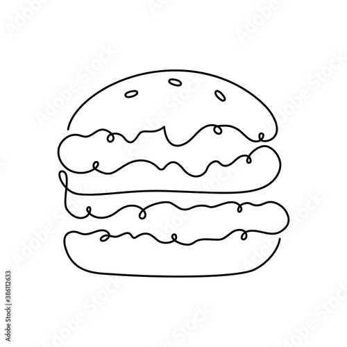Hamburger or burger, one continuous line. Thin linear drawing of beefburger. Black doodle icon. Stylized hand drawn illustration of fast food. Contour isolated vector, white background