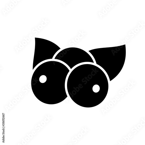 Acai berries, silhouette icon. Outline logo of healthy super food. Black simple illustration of three blueberries with two leaves. Flat isolated vector pictogram on white background