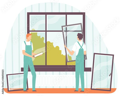 Home repair worker. Two workers in uniforms install plastic windows. Vector illustration flat design style. Customer Service