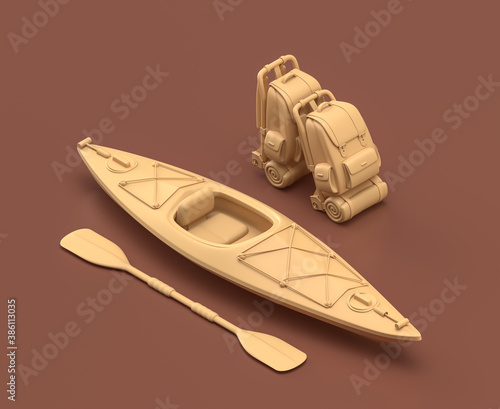 single color backpacks and a kayak, ready-to-go, in brown background, 3d rendering, mustard-colored camping objects, fishing objects © markOfshell