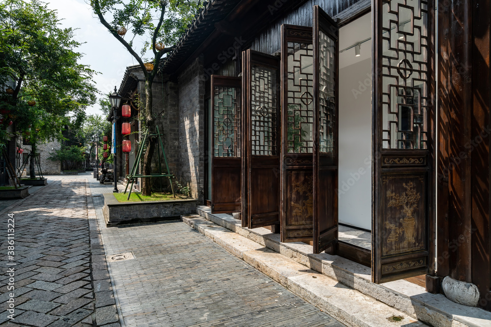 Ancient town street and wooden gate, Nanjing, China Ancient town street and wooden gate, Nanjing, China