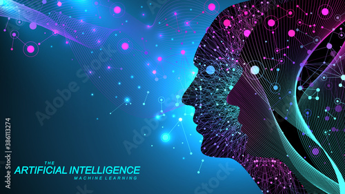 Artificial intelligence with Digital Brain, Neural Networks and Learning Processing Big Data, Machine Learning concept. Binary data flow on blue background. Vector illustration