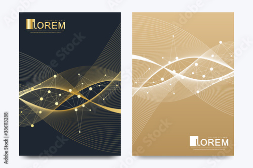 Modern vector template for brochure, Leaflet, flyer, advert, cover, catalog, magazine or annual report in the A4 size. Golden waves. Scientific golden cybernetic dots. Lines flow plexus. Card surface.