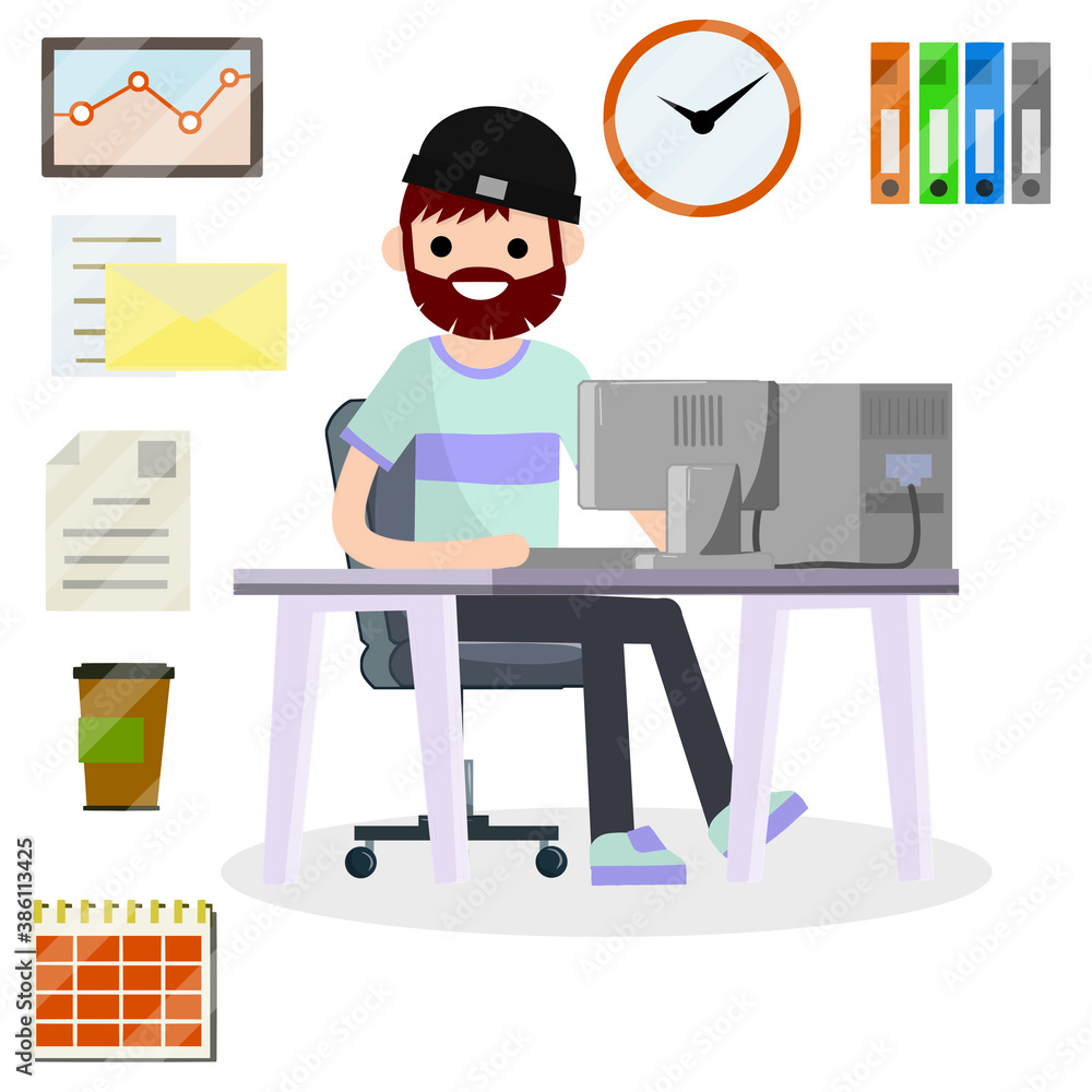 Man sitting at computer in office. Cartoon flat illustration. Work with PC. Set for business work-schedule, hours, file documents, letter, coffee, calendar. Company employee and office items Man sitting at computer in office. Cartoon flat illustration. Work with PC. Set for business work-schedule, hours, file documents, letter, coffee, calendar. Company employee and office items