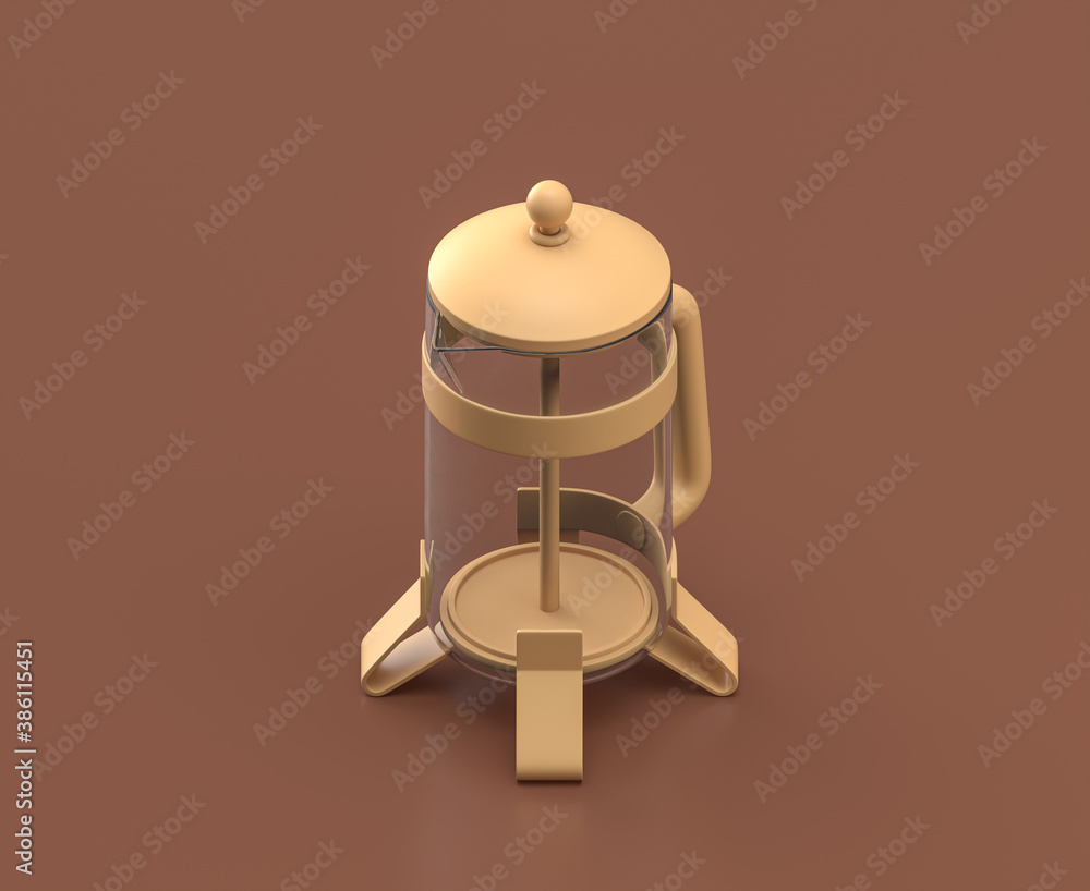 Isometric french press, camping object and scene, monochrome yellow camping equipment on brown background, 3D Rendering Isometric french press, camping object and scene, monochrome yellow camping equipment on brown background, 3D Rendering