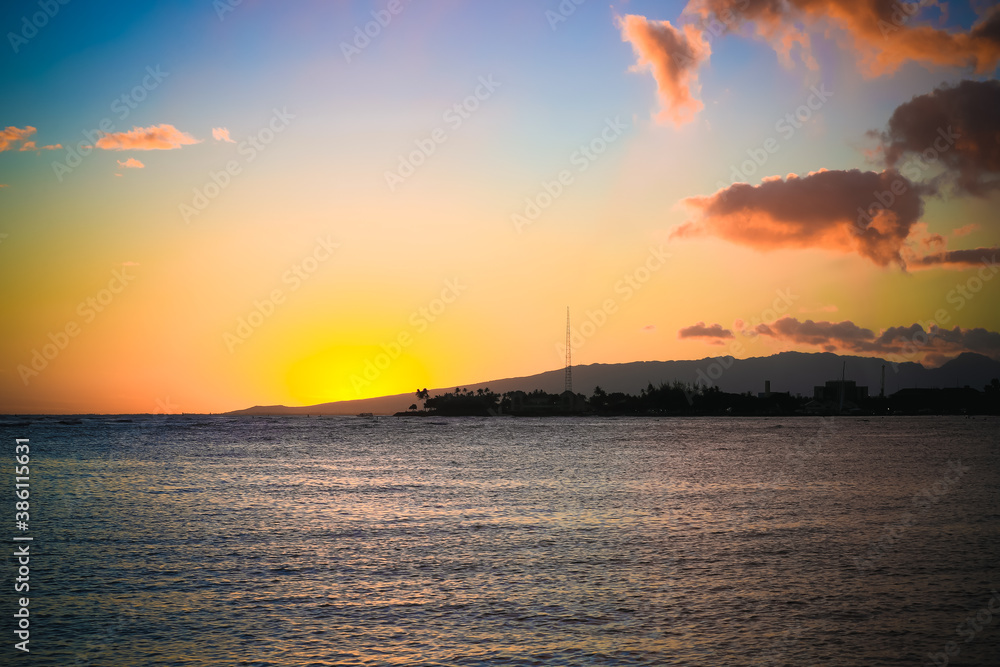 Sunset at Ala Moana Beach park, Honolulu, Hawaii