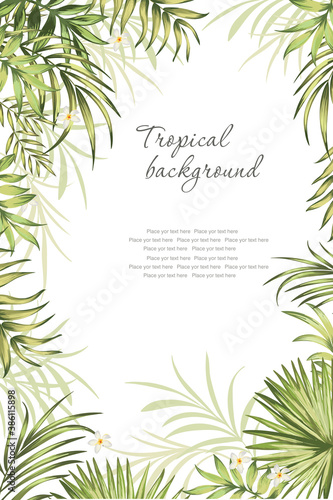 Vector tropical backgriound with hibiscus flowers, orchids and palm leaves. Summer exotic illustration photo