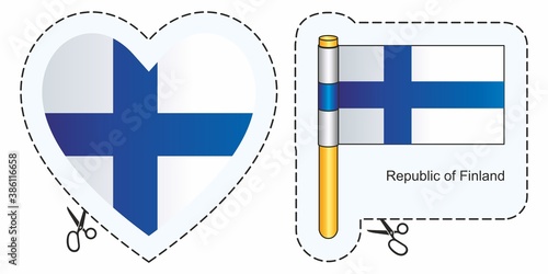 Flag of Finland, Republic of Finland. Vector cut sign here, isolated on white. Can be used for design, stickers, souvenirs.