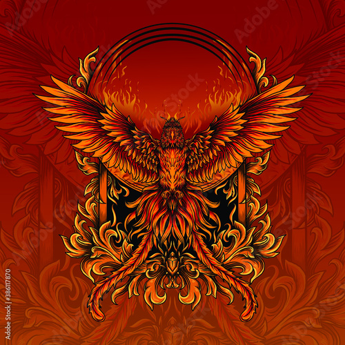 artwork illustration and t-shirt design phoenix engraved ornament premium vector