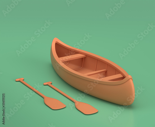Isometric canoe, monochrome yellow camping equipment on green background, 3D Rendering