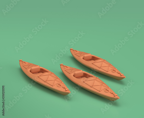 Isometric canoe, camping object and scene, monochrome yellow camping equipment on green background, 3D Rendering © markOfshell