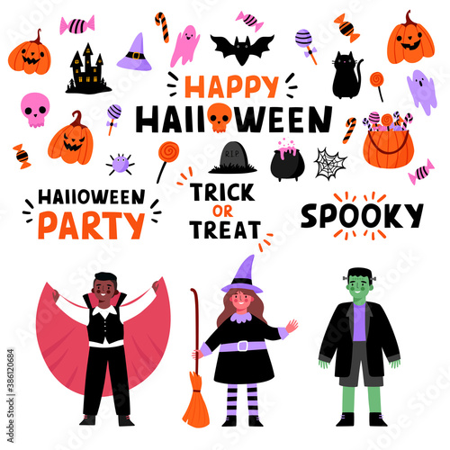 Cute Halloween flat cartoon vector set. Pumpkin, ghost, cat, bat, candy, witch, vampire, dracula, Frankenstein's monster. Lettering phrases Trick or treat, Halloween party. Children in costumes.