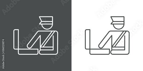 Control de equipajes. Icono lineal agente de aduana con maleta abierta en fondo gris y fondo blanco