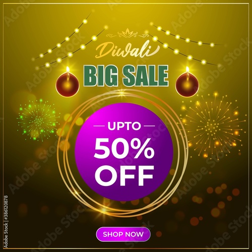 Diwali Festive Season Sale banner, up to 50% cashback . Dipawali, Indian festival, diya lamp, oil lamp, colorful bokeh background, vector illustration offer banner, advertisement