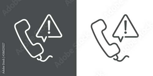 Icono plano lineal auricular de teléfono con signo de exclamación en burbuja de habla triangular en fondo gris y fondo blanco