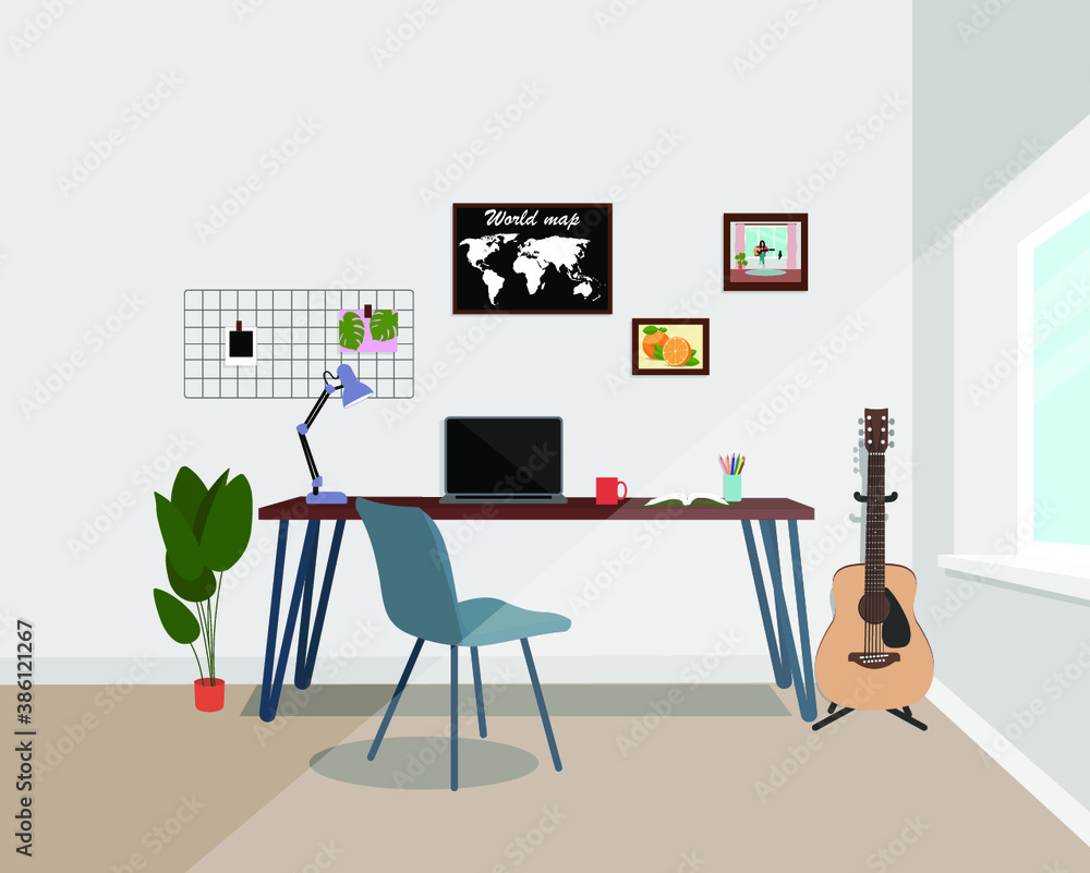 Fototapeta premium Freelancer workplace. Home office workplace in flat style