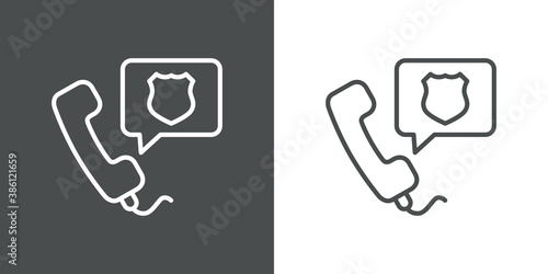 Concepto llamada de emergencia. Icono plano lineal auricular de teléfono con chapa de policía en burbuja de habla en fondo gris y fondo blanco