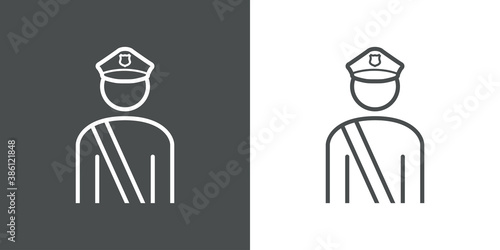 Concepto seguridad. Icono plano lineal agente de policía en fondo gris y fondo blanco