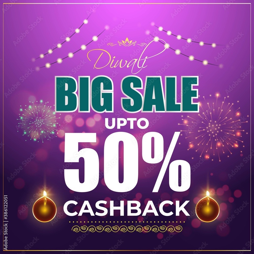 Diwali Festive Season Sale banner, up to 50% cashback . Dipawali, Indian festival, diya lamp, oil lamp, colorful bokeh background, vector illustration offer banner, advertisement