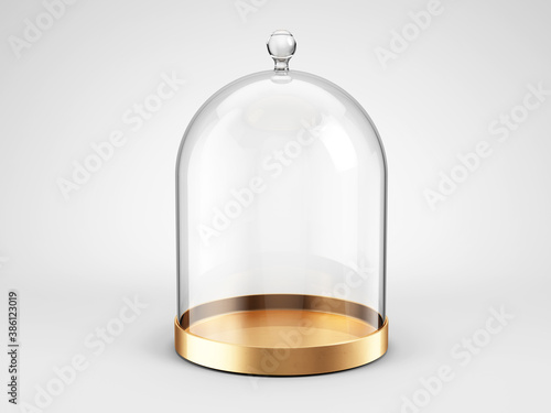 Glass cover dome bell with copper tray on light gray background. 3d rendering