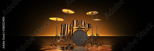 Gold drum kit in golden background. 3d rendering 