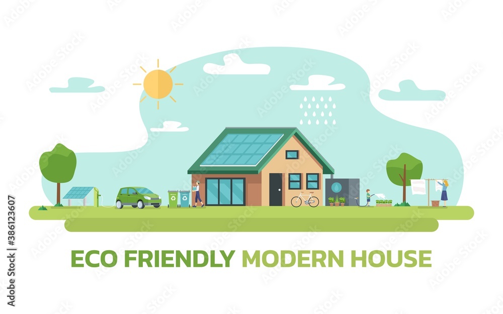 Illustration of happy family and eco friendly sustainable modern house