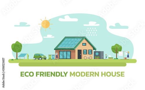 Illustration of happy family and eco friendly sustainable modern house